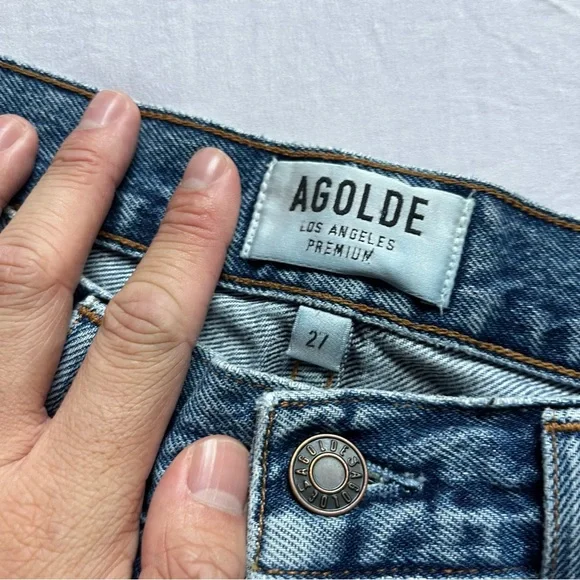 AGOLDE blue cotton denim cutoff raw fray hem high rise shorts - Picture 4 of 5